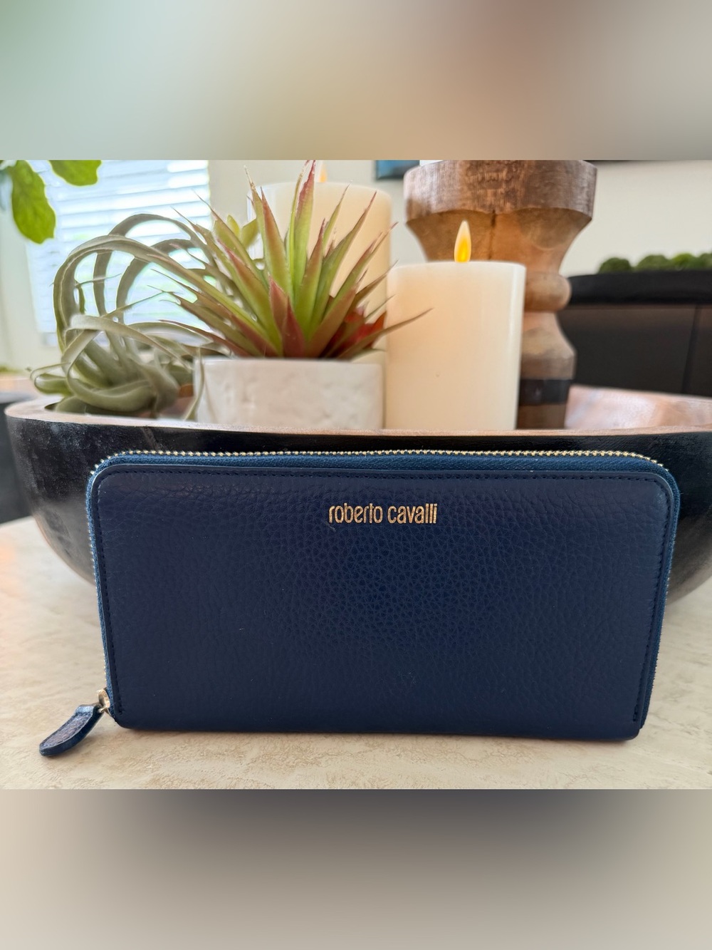 Roberto Cavalli Navy Leather Zip Wallet with Gold Logo